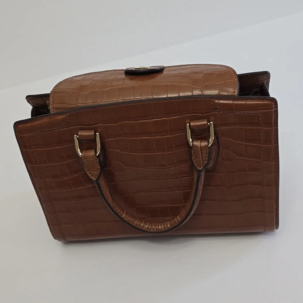 New Michael Kors Zoe Croc Embossed Leather Satchel Handbag Crosdbody Brown